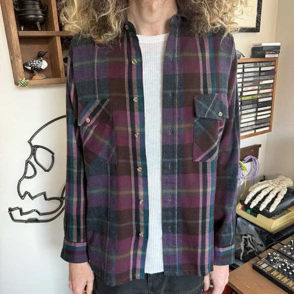 Vintage 80s Plaid Long Sleeve Button Down Flannel - Size Large - Picture 3 of 8
